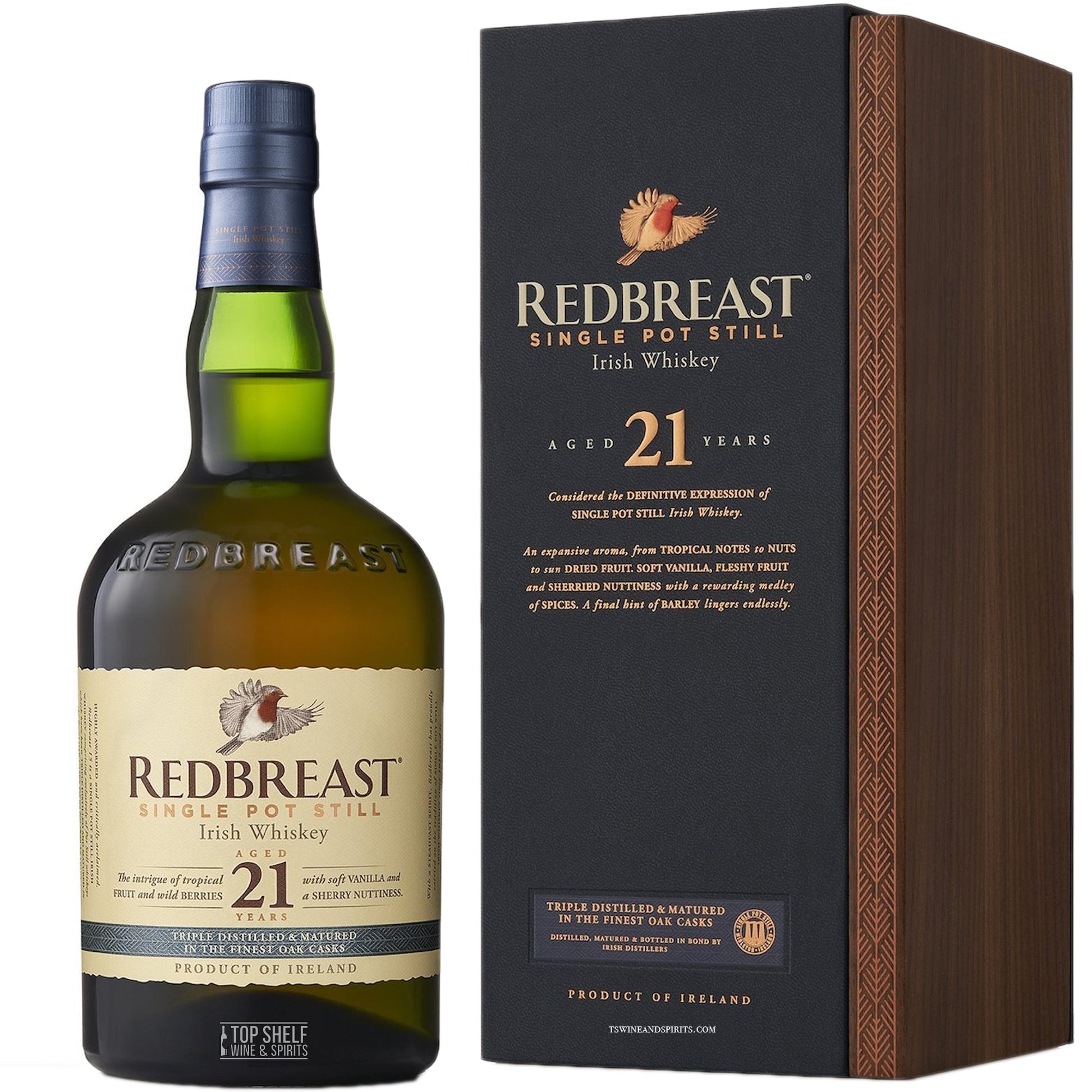 Redbreast 21 Year Single Pot Irish Whiskey bottle displayed at Sip N Burn Liquors, premium aged Irish whiskey with rich, complex flavors.