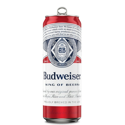 Budweiser beer bottle with a classic red label, showcasing the iconic brand of Sip N Burn Liquors, perfect for refreshing enjoyment.