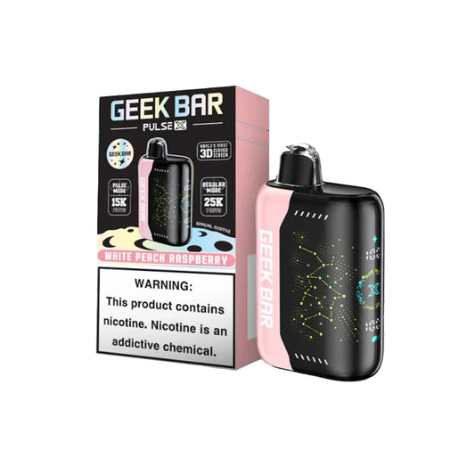 GEEK BAR PULSE X 25KPF WHITE PEACH RASPBERRY available at Sip N Burn Liquors, featuring a refreshing flavor blend of white peach and raspberry in a convenient vape device.