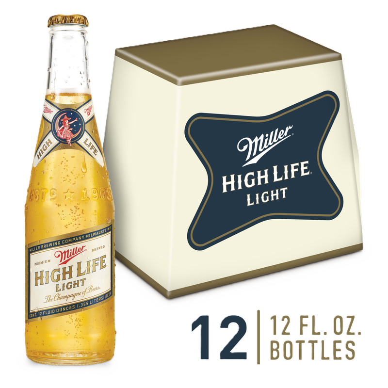 Miller High Life Light 12-pack 12oz bottles from Sip N Burn Liquors, premium light beer for refreshing moments.