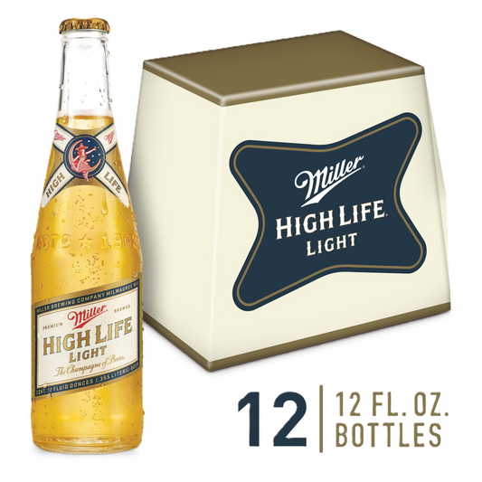 Miller High Life Light 12-pack 12oz bottles from Sip N Burn Liquors, premium light beer for refreshing moments.