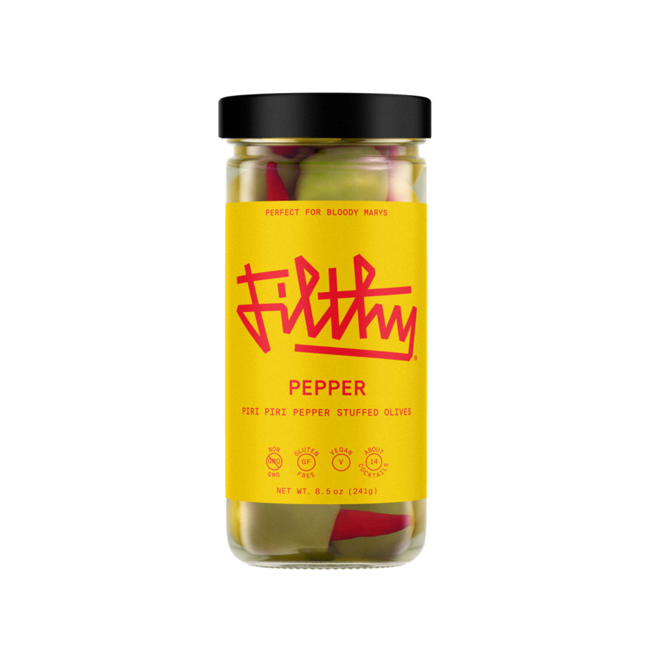 Filthy Piri Piri Pepper Stuffed Olives 8oz from Sip N Burn Liquors, gourmet snack with spicy flavor, perfect for cocktails and appetizers.