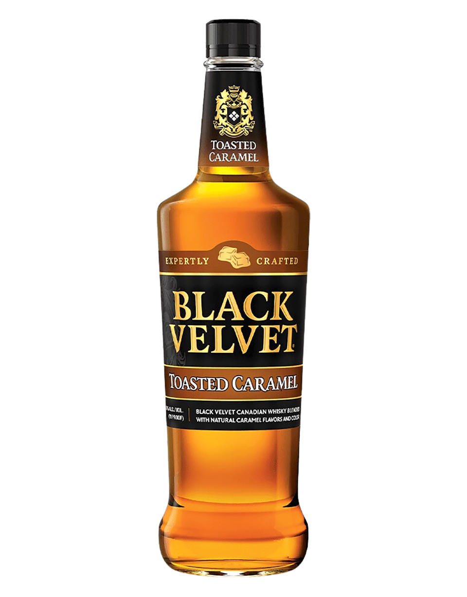 Black Velvet Toasted Caramel Canadian Whisky 750ml Bottle available at Sip N Burn Liquors, featuring a smooth caramel flavor and rich aroma for a delightful sipping experience.