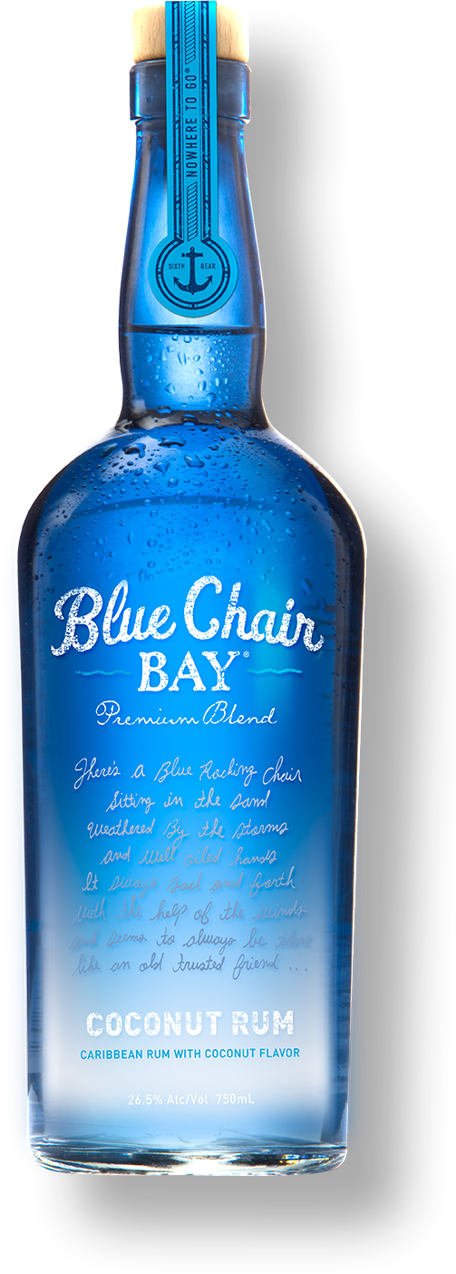 Blue Chair Bay Coconut Rum bottle displayed against a vibrant tropical backdrop at Sip N Burn Liquors, a refreshing spirit perfect for cocktails and summer sips.