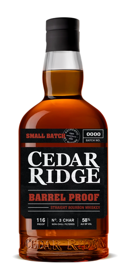 Cedar Ridge Barrel Proof whiskey bottle from Sip N Burn Liquors, showcasing rich amber color and premium craftsmanship for whiskey enthusiasts.