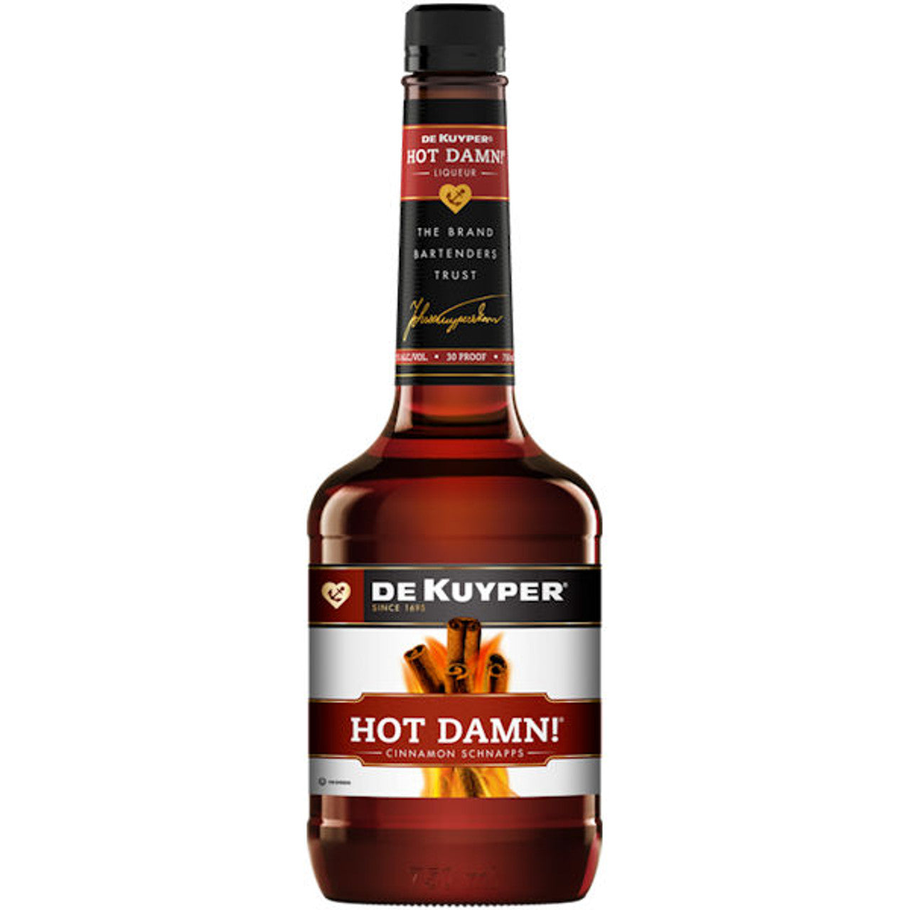 DeKuyper Hot Damn! Cinnamon Schnapps Liqueur 1L Bottle available at Sip N Burn Liquors, perfect for cocktails and warm beverages.