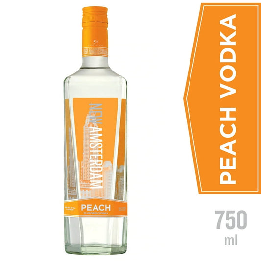 New Amsterdam Peach Flavored Vodka 750ml bottle available at Sip N Burn Liquors, perfect for cocktails and mixers.