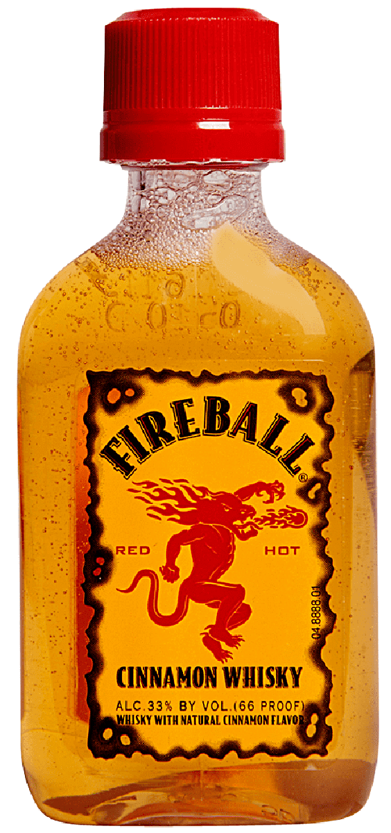 Fireball Cinnamon Whiskey 50ml bottle from Sip N Burn Liquors, a deliciously spicy and sweet cinnamon flavored whiskey perfect for cocktails and straight shots.