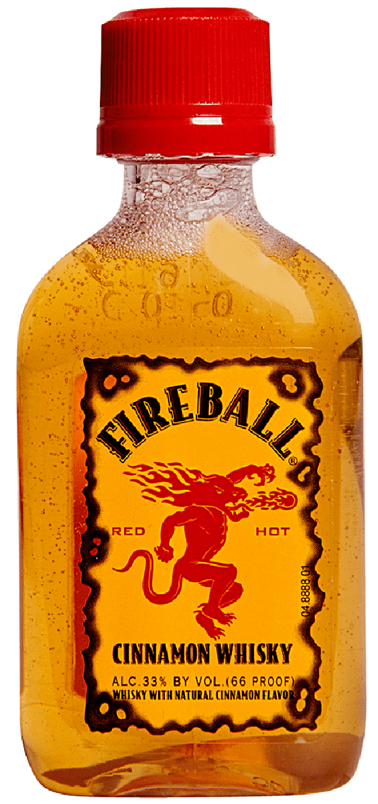 Fireball Cinnamon Whiskey 50ml bottle from Sip N Burn Liquors, a deliciously spicy and sweet cinnamon flavored whiskey perfect for cocktails and straight shots.