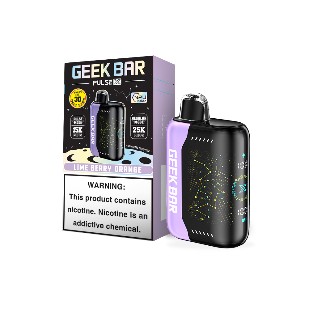 GEEK BAR PULSE X 25KPF lime berry orange disposable vape available at Sip N Burn Liquors, featuring vibrant flavors and a sleek design for a refreshing vaping experience.