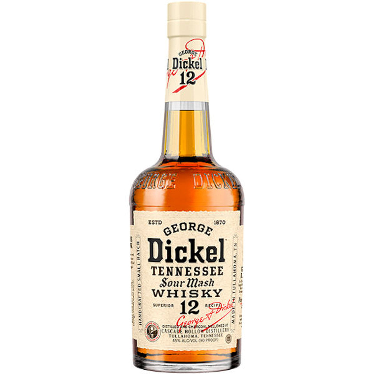 George Dickel 12 Whiskey bottle from Sip N Burn Liquors, showcasing a rich amber color and classic label design, perfect for whiskey enthusiasts and collectors.