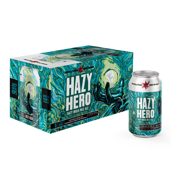 Hazy Hero IPA Ale by Revolution Brewing Company available in a 6-pack of 12oz cans at Sip N Burn Liquors, offering a refreshing craft beer experience.