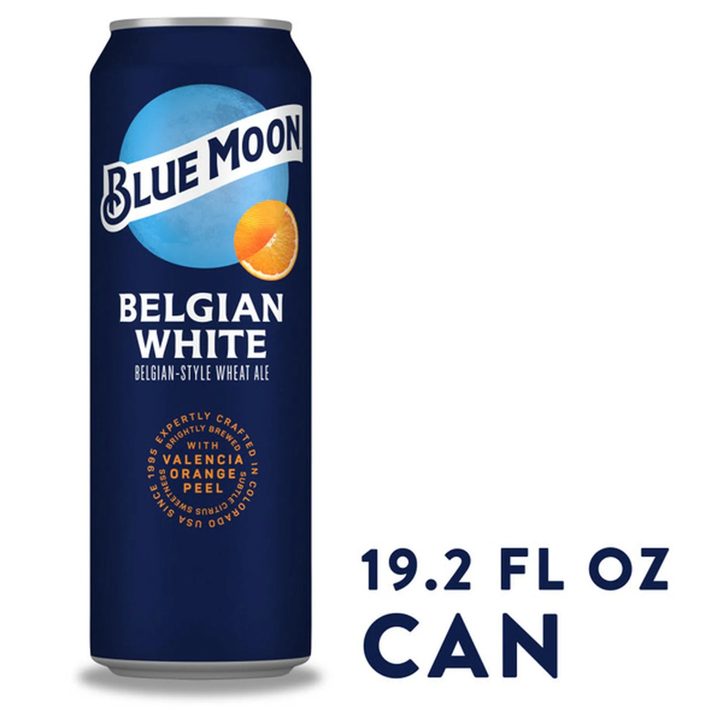 Blue Moon 19.2oz beer bottle available at Sip N Burn Liquors, perfect for enjoying a refreshing taste of Belgian-style wheat ale.