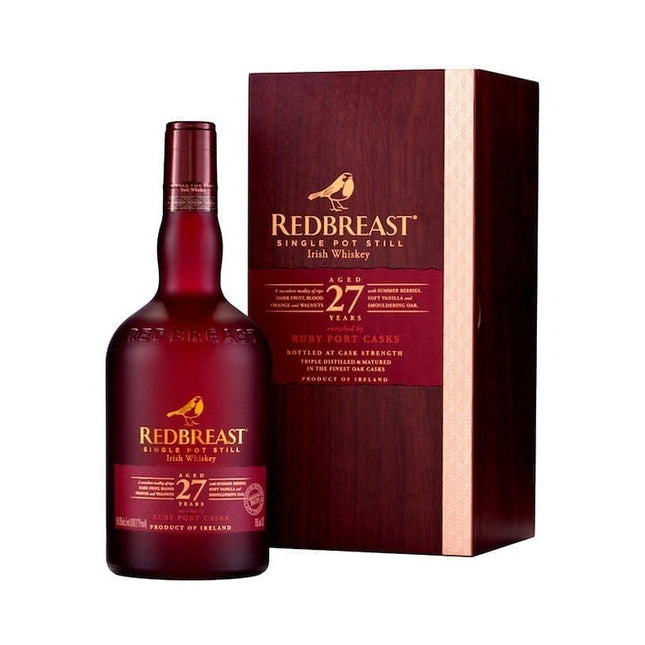 Redbreast 27 Year Irish Single Pot Still Whiskey 750ml Bottle available at Sip N Burn Liquors, featuring rich flavors and a deep amber color, perfect for whiskey enthusiasts.