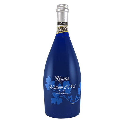 Risata Moscato D'Asti sparkling wine, featuring a golden hue and fruity notes, available at Sip N Burn Liquors.