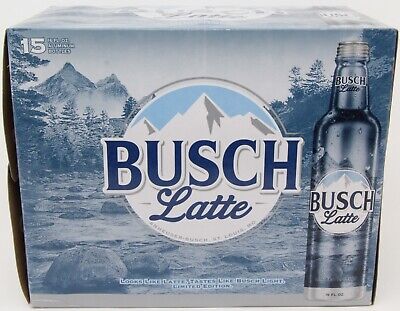 Busch Latte Light Case featuring 15 empty 16oz aluminum bottles in mint condition available at Sip N Burn Liquors.