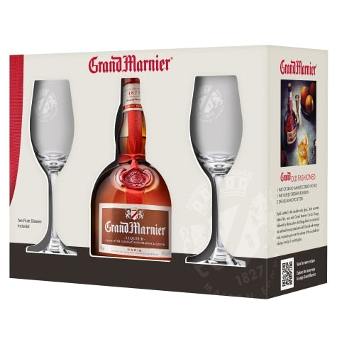 Grand Marnier with 2 Rocks Glasses Gift Set - Sip N Burn Liquors, premium whiskey gift set featuring elegant glassware and a luxurious liqueur.